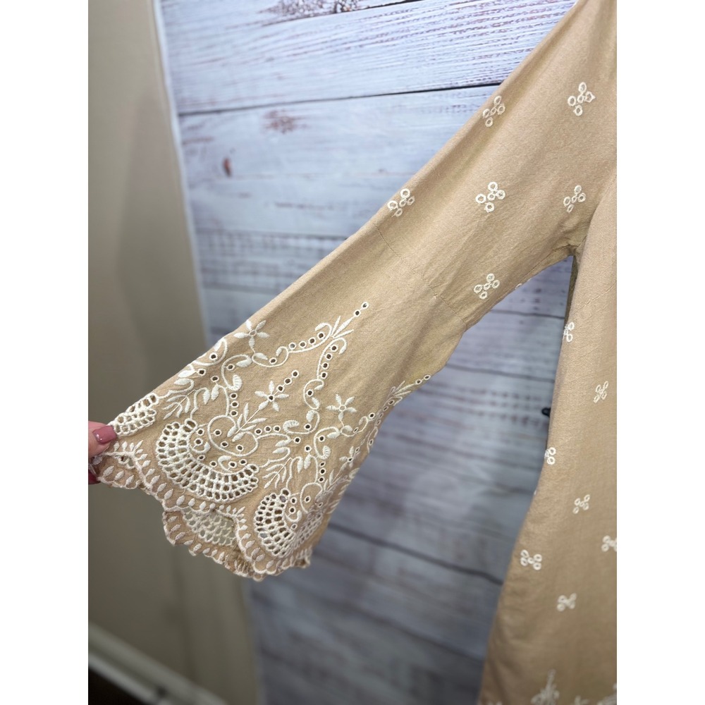 Sundance Embroidered Eyelet Boho Shift Dress Tan Cotton Bell Sleeve Petite 10 - Picture 9 of 14